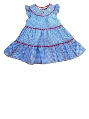 Cynthia Rowley Toddler Girls Blue Gingham Smocked Dress  Red Star Embroidery 2T